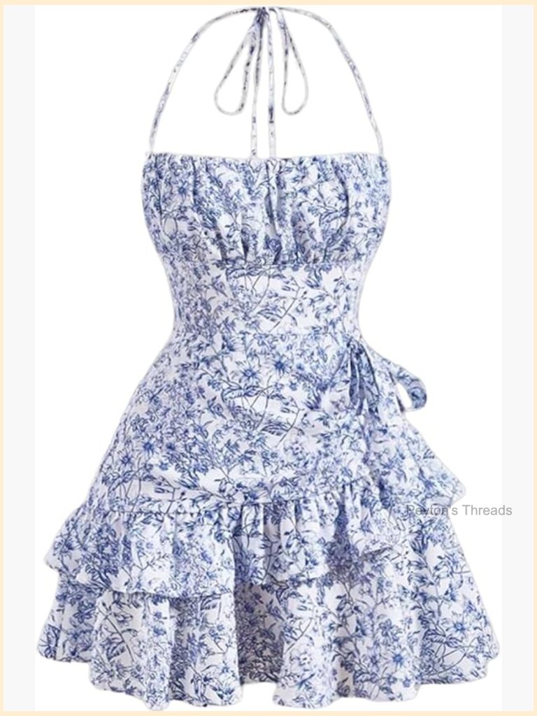 Tie Halter Mini Dress With Floral Print And Ruffle Trim